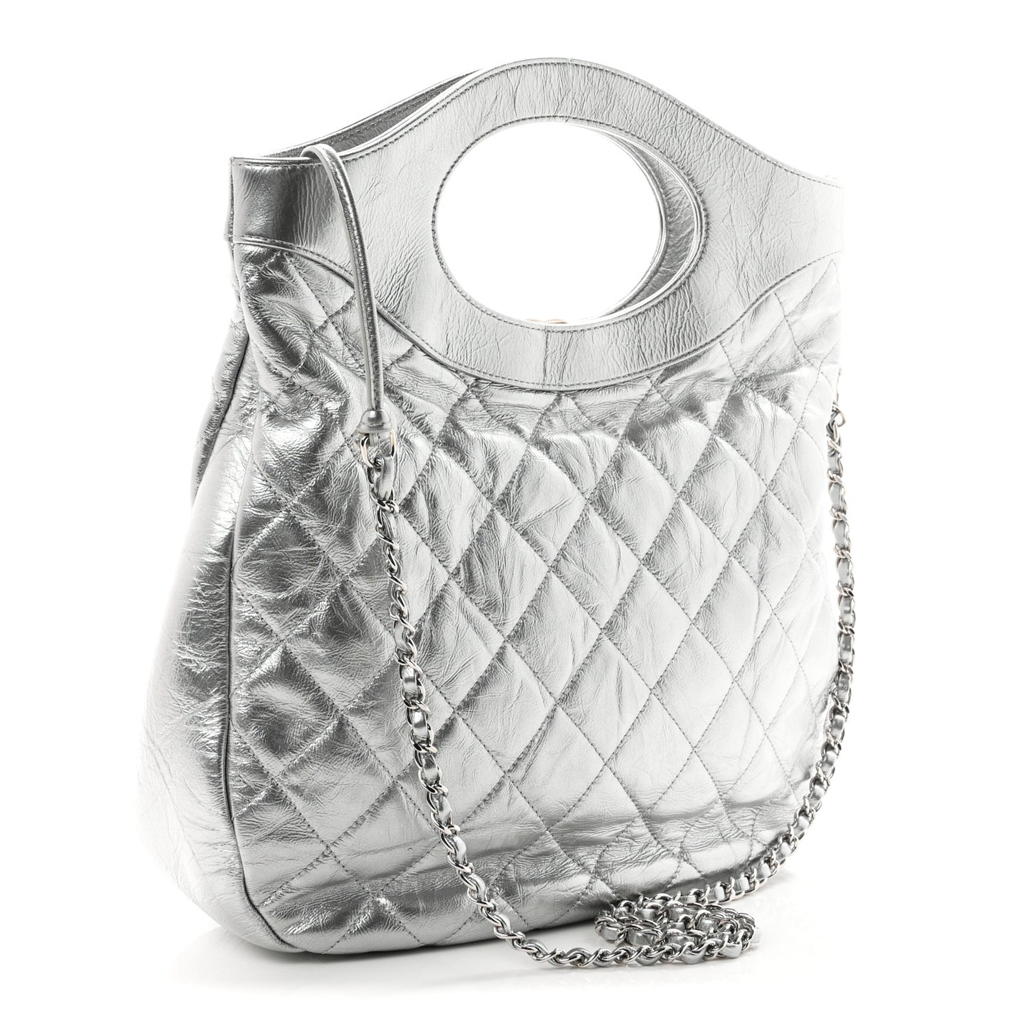Metallic Crumpled Calfskin Small 31 Shopping Bag Silver