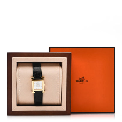Hermes Stainless Steel Alligator Diamond Mother of Pearl 21mm Heure H Hour Quartz Watch Noir 5 of 5