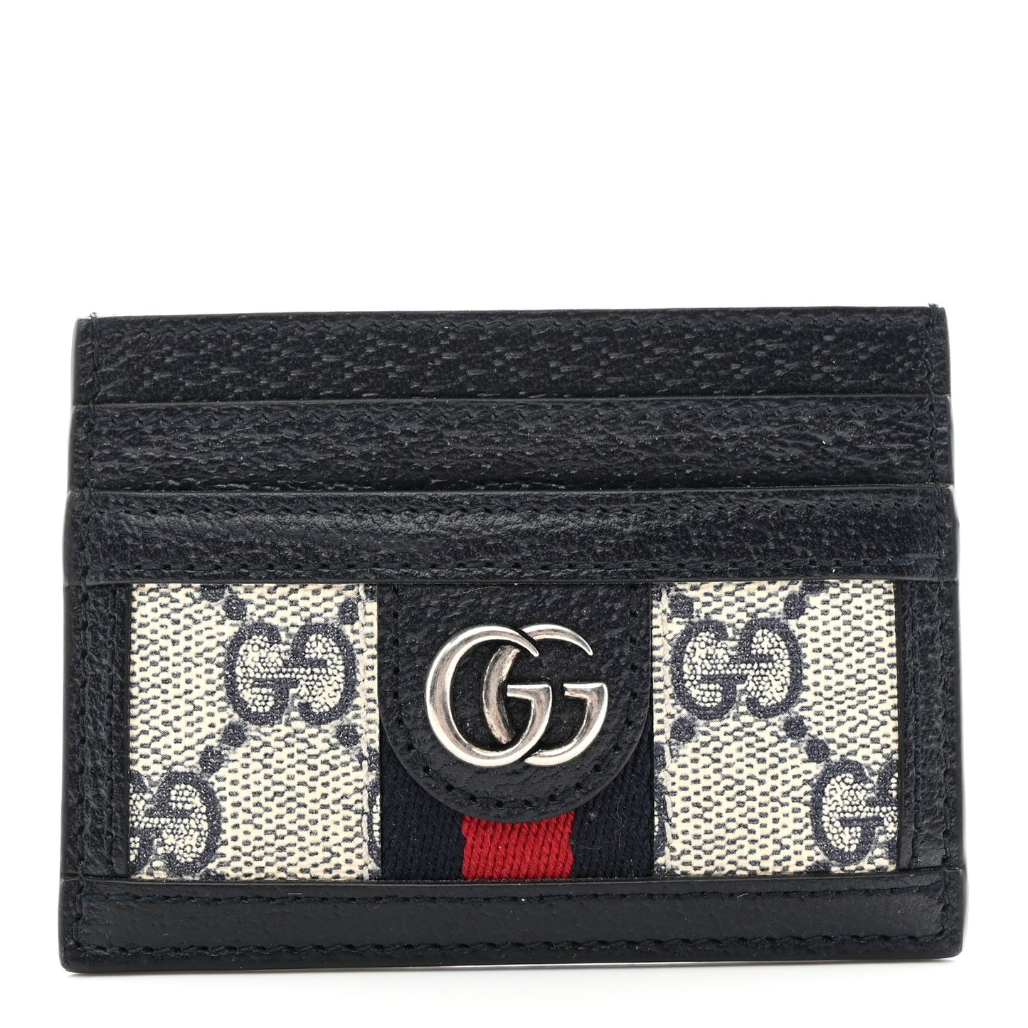GG Supreme Monogram Textured Dollar Calfskin Web Ophidia Card Holder Beige Blue