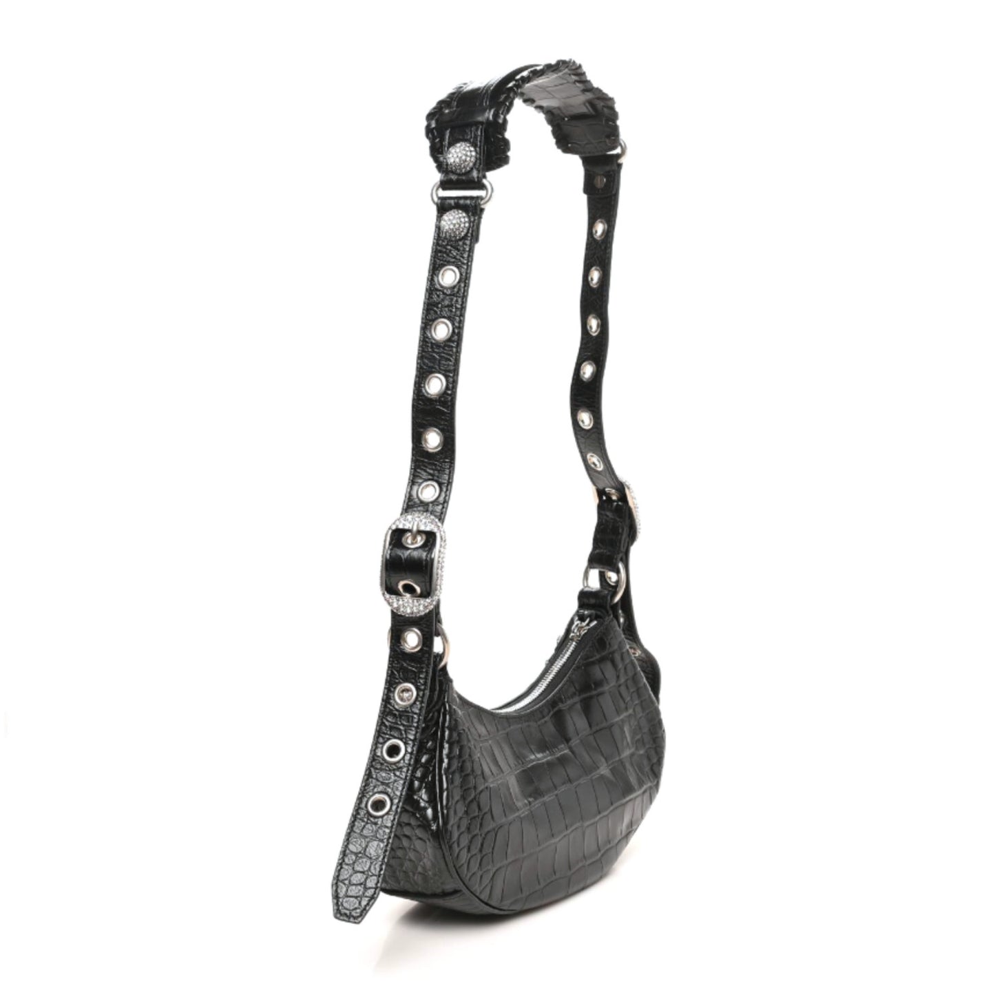 Extra Supple Calfskin Crystal Crocodile Embossed Le Cagole Shoulder Bag XS Black
