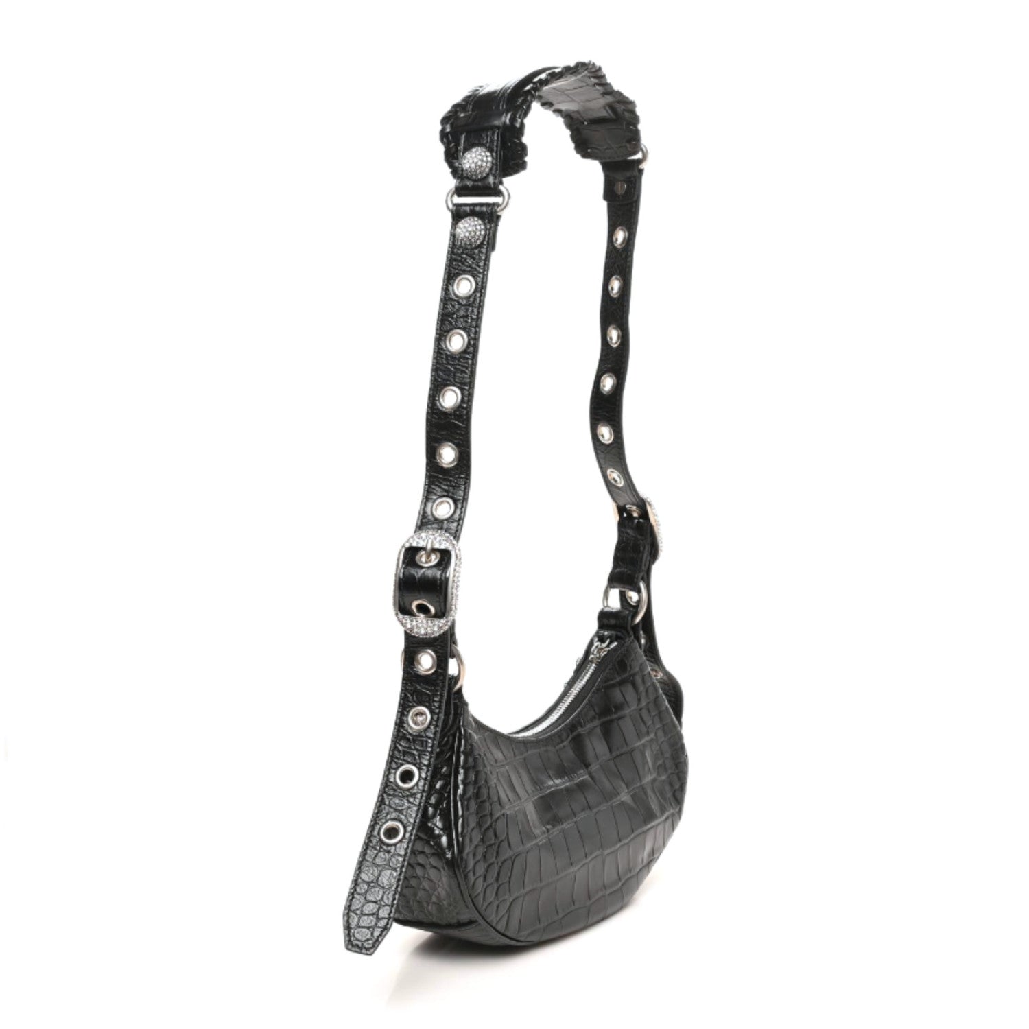 Balenciaga Extra Supple Calfskin Crystal Crocodile Embossed Le Cagole Shoulder Bag XS Black 3 of 9