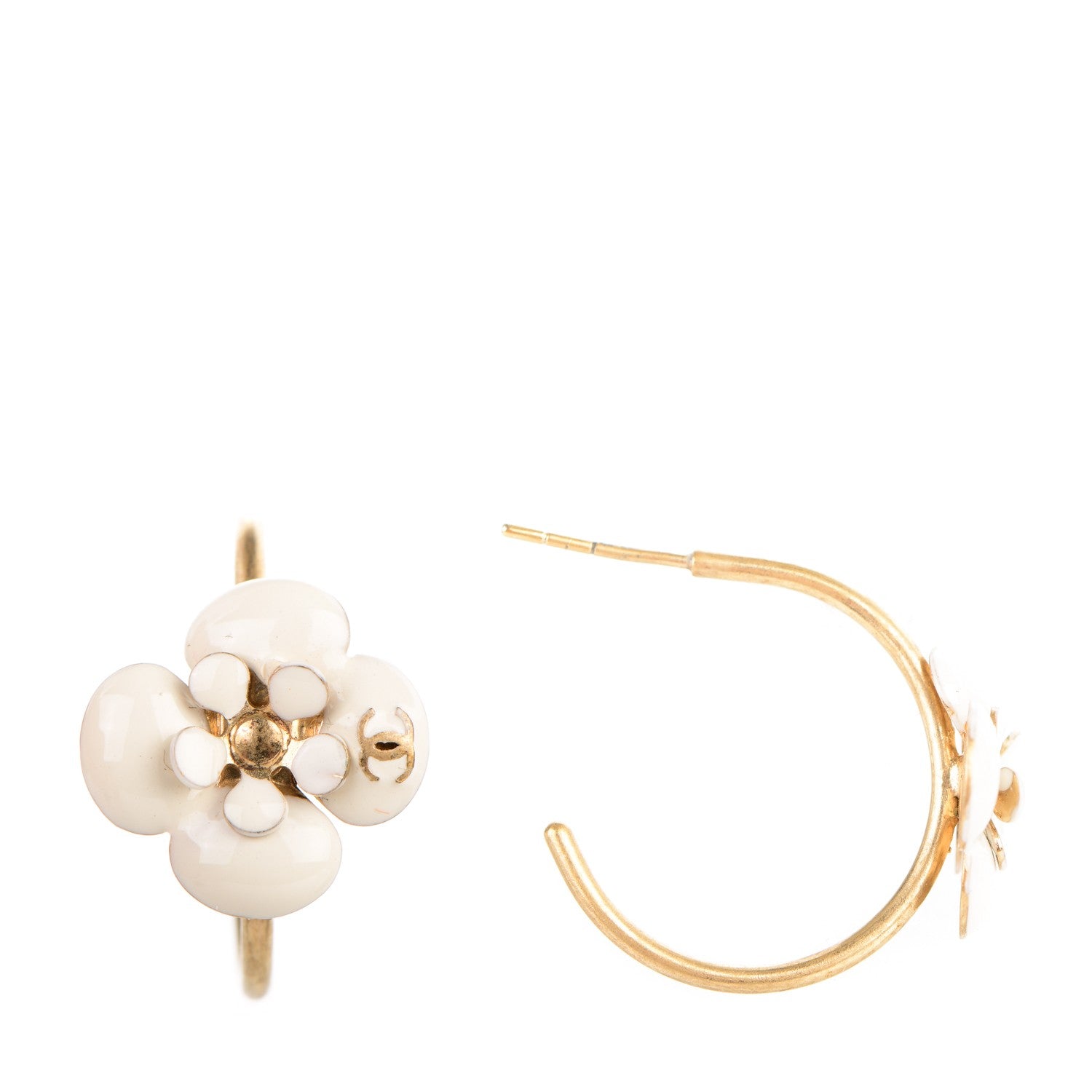Chanel Enamel Camellia Earrings White Gold 1 of 4