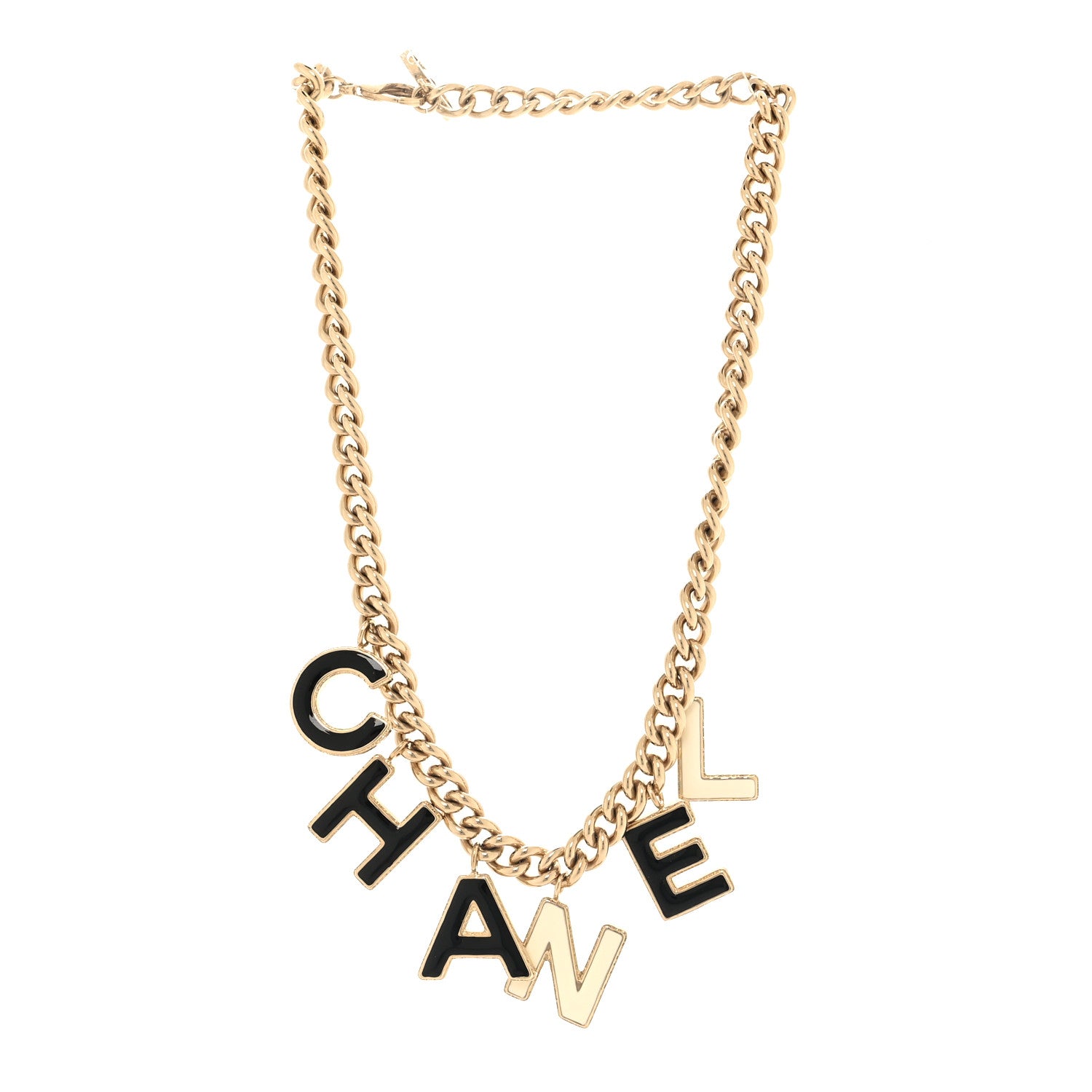 Chanel Metal Enamel Logo Necklace Gold Black White 3 of 4