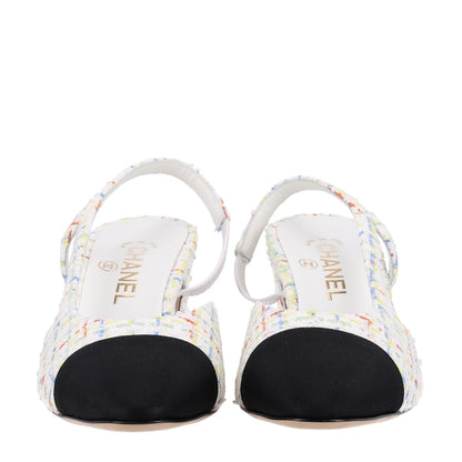 Chanel Tweed Grosgrain Cap Toe CC Slingback Pumps 40 White Multicolor 3 of 11
