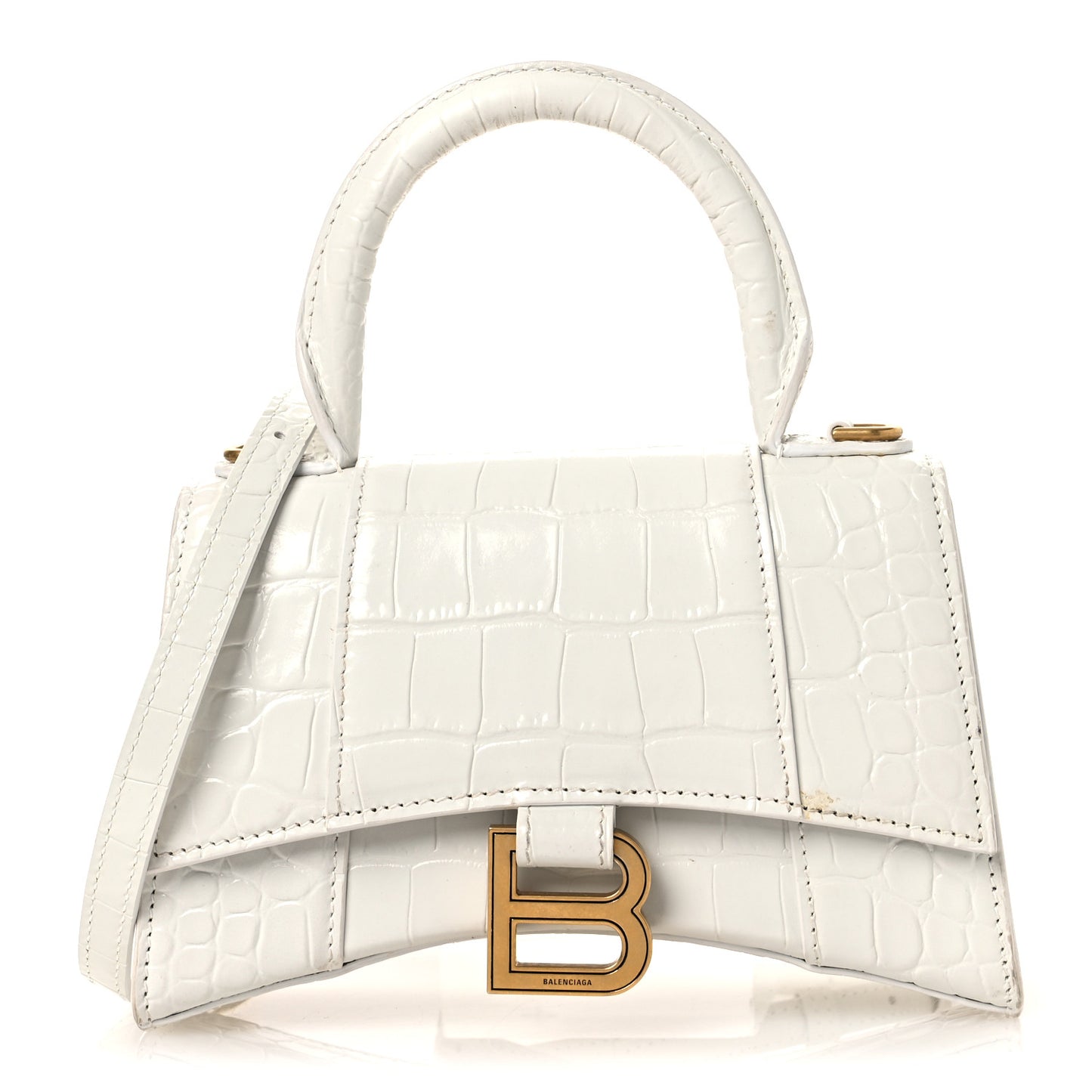 Shiny Calfskin Crocodile Embossed Hourglass Top Handle Bag XS White