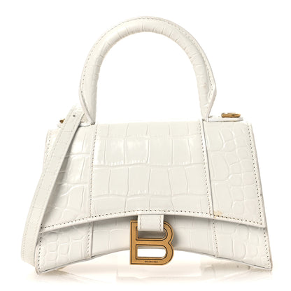 Balenciaga Shiny Calfskin Crocodile Embossed Hourglass Top Handle Bag XS White 1 of 14