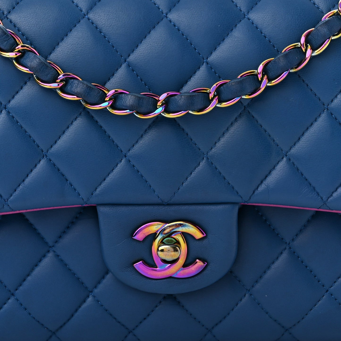 Lambskin Quilted Medium Double Flap Blue Pink