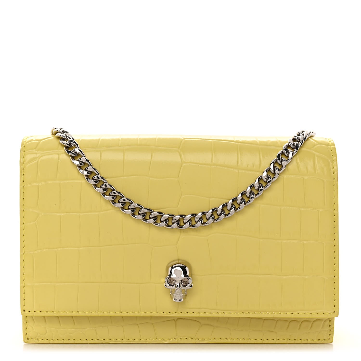 Alexander McQueen Calfskin Crocodile Embossed Skull Mini Crossbody Bag Yellow 1 of 10