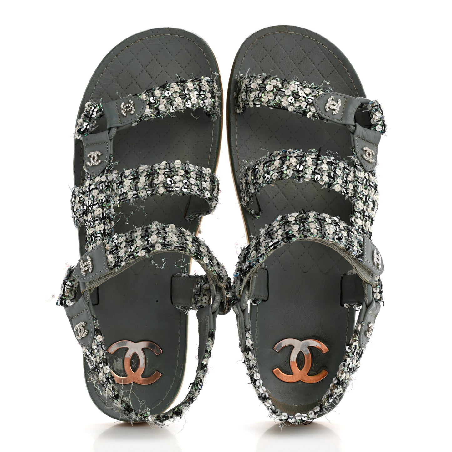 Tweed Sequin Crystal CC Sandals 40 Blue Multicolor