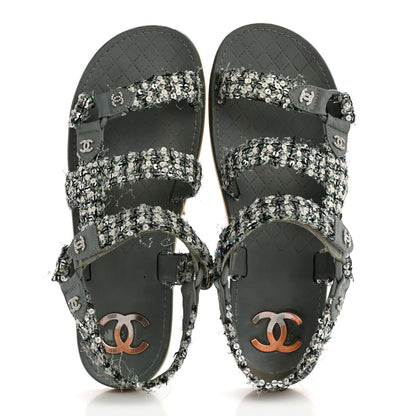 Chanel Tweed Sequin Crystal CC Sandals 40 Blue Multicolor 2 of 12