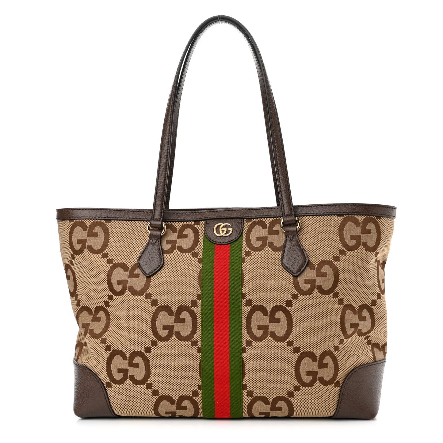 Monogram Jumbo GG Textured Dollar Calfskin Web Medium Ophidia Shopping Tote Camel Ebony