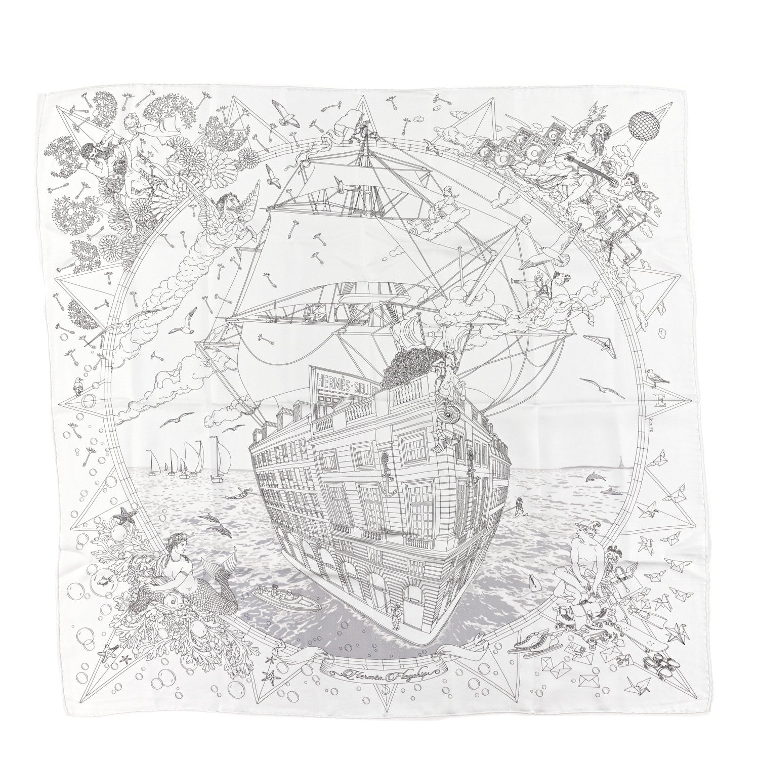 Hermes Silk Flagship Scarf 90 White Black Gris 1 of 3