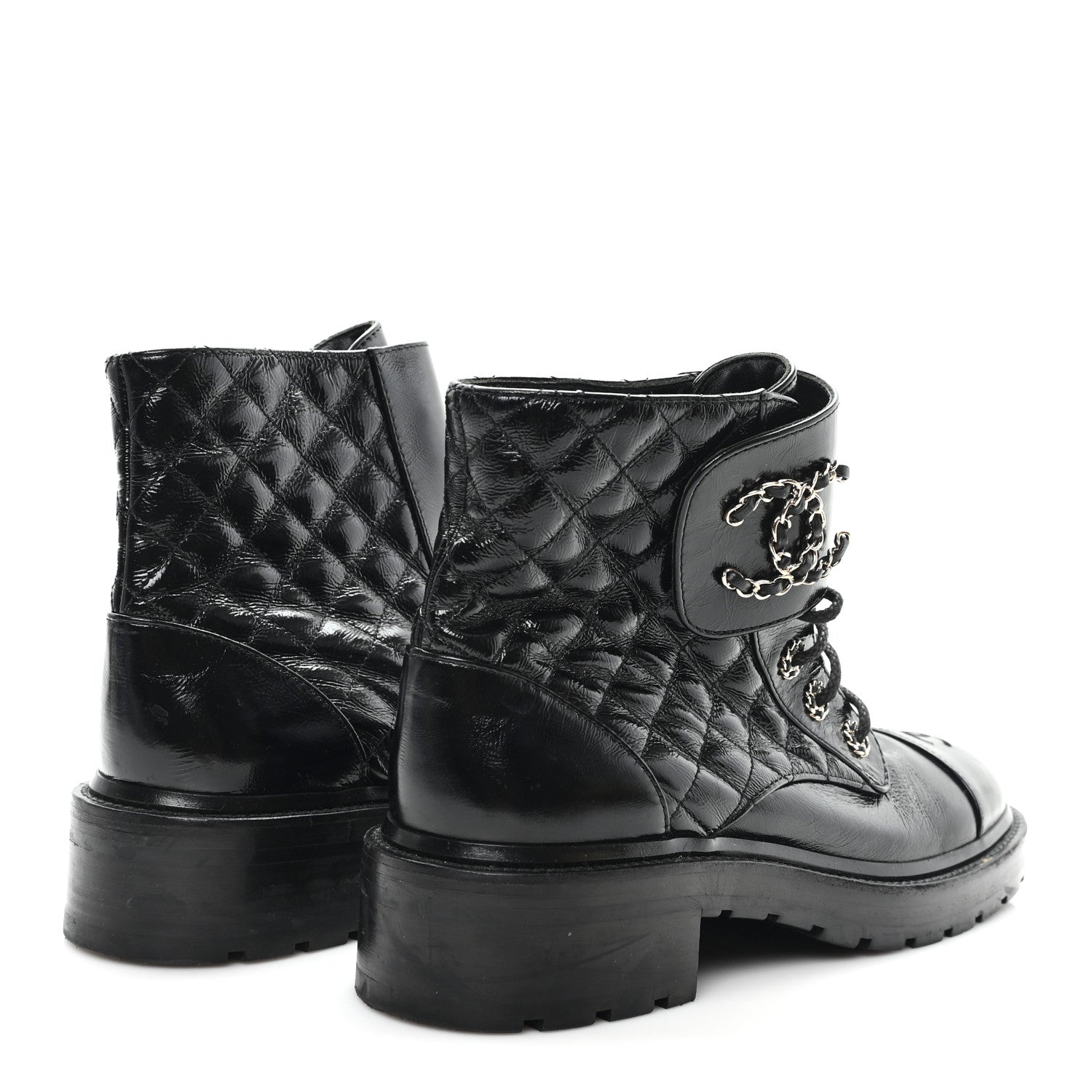 Chanel Shiny Goatskin Calfskin Quilted Lace Up Combat Boots 40.5 Black 5 of 9