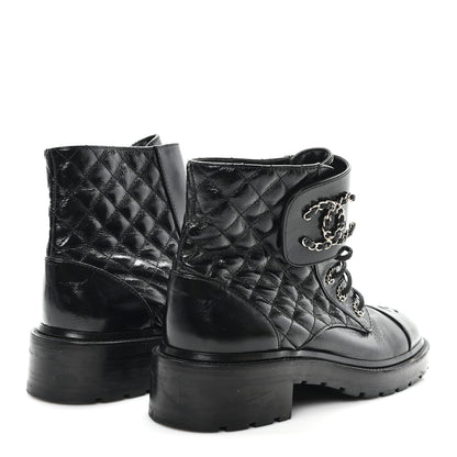 Chanel Shiny Goatskin Calfskin Quilted Lace Up Combat Boots 40.5 Black 5 of 9