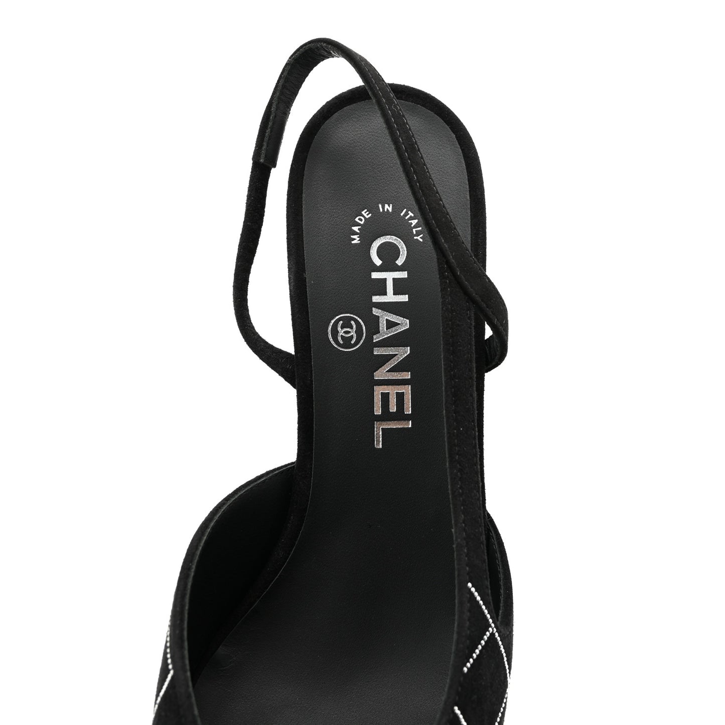 Suede Crystal Grosgrain Cap Toe CC Slingback Pumps 38 Black Silver
