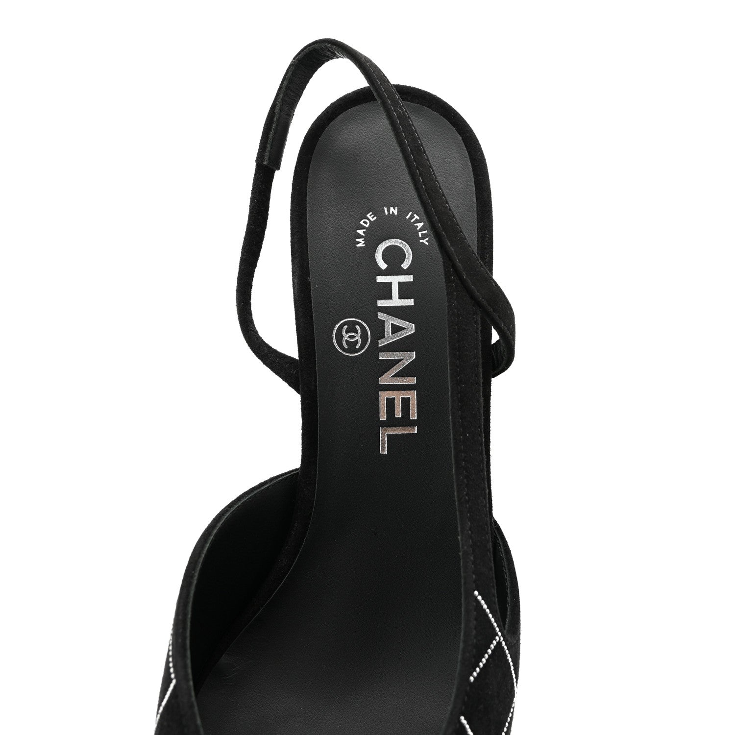 Chanel Suede Crystal Grosgrain Cap Toe CC Slingback Pumps 38 Black Silver 7 of 10