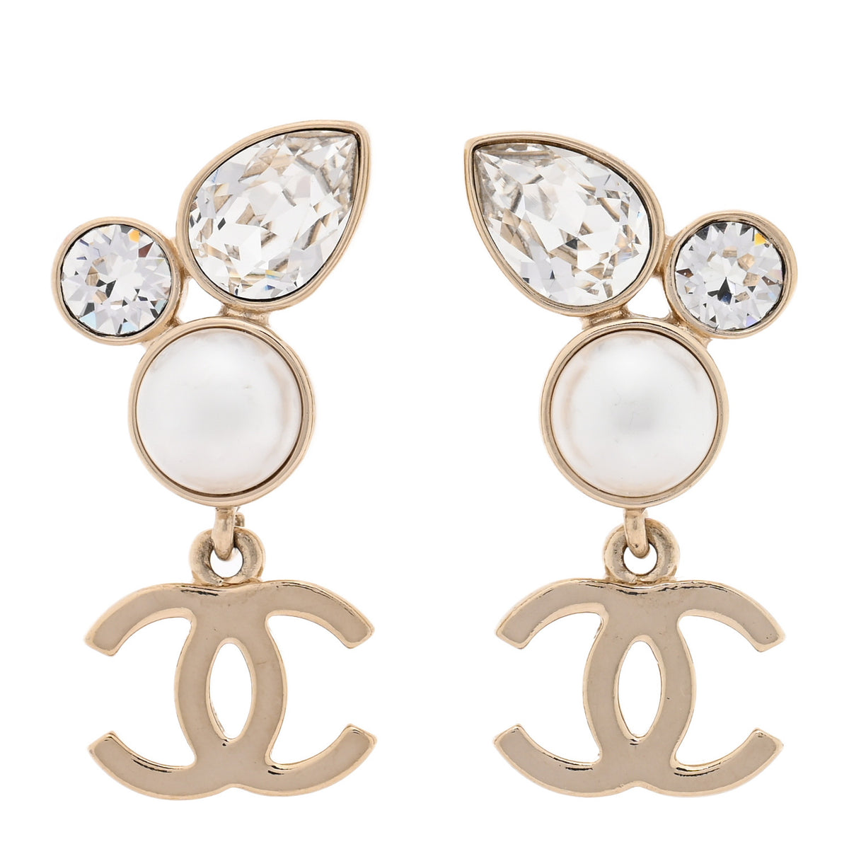 Pearl Crystal CC Drop Earrings Gold
