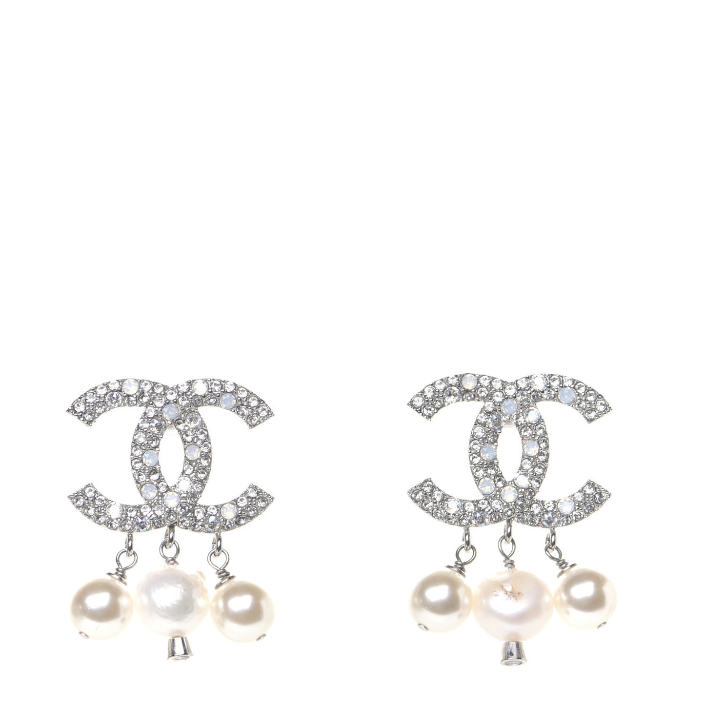 Crystal Pearl CC Drop Earrings Silver