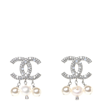 Chanel Crystal Pearl CC Drop Earrings Silver 1 of 9