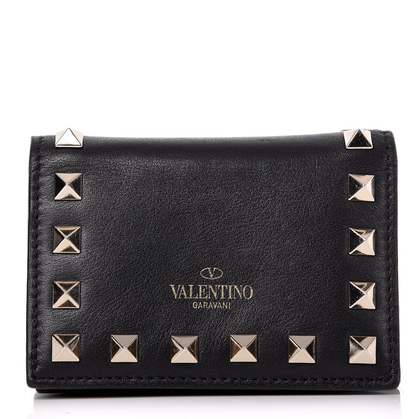 Calfskin Rockstud Bi-Fold Card Holder Black