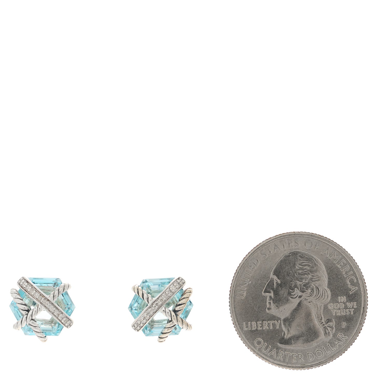 David Yurman Sterling Silver Diamond Blue Topaz 10mm Cable Wrap Earrings 2 of 4