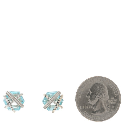 David Yurman Sterling Silver Diamond Blue Topaz 10mm Cable Wrap Earrings 2 of 4