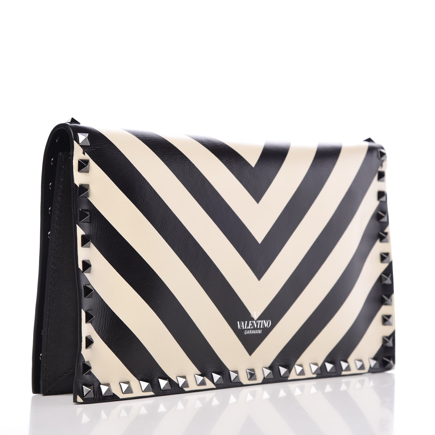 Valentino Garavani Nappa Chevron Striped Rockstud Wristlet Clutch Light Ivory Black 3 of 6