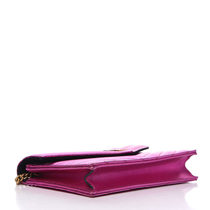 Saint Laurent Metallic Calfskin Matelasse Chevron Monogram Envelope Chain Wallet Fuchsia 4 of 13