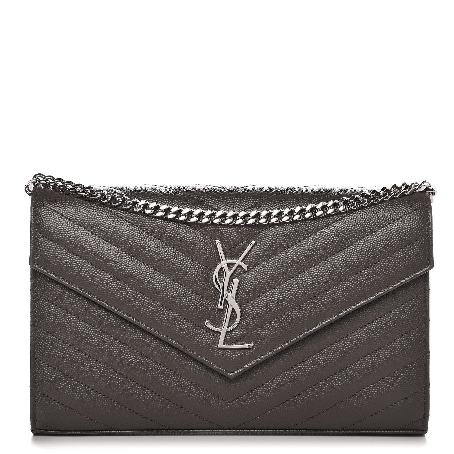Saint Laurent Grain De Poudre Matelasse Chevron Monogram Chain Wallet Gray 1 of 7