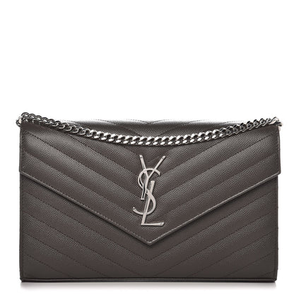 Saint Laurent Grain De Poudre Matelasse Chevron Monogram Chain Wallet Gray 1 of 7
