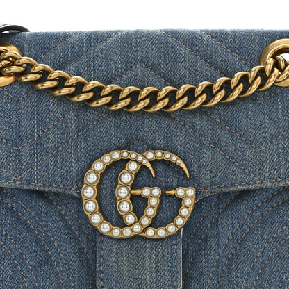 Gucci Denim Matelasse Small Pearly GG Marmont Shoulder Bag Blue 8 of 13