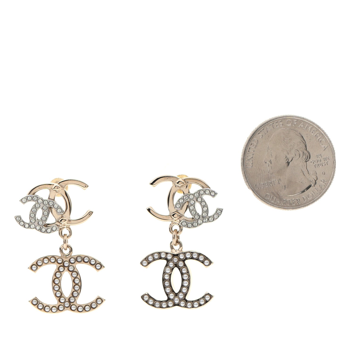 Chanel Crystal Pearl Double CC Drop Earrings Gold Silver 1 of 4