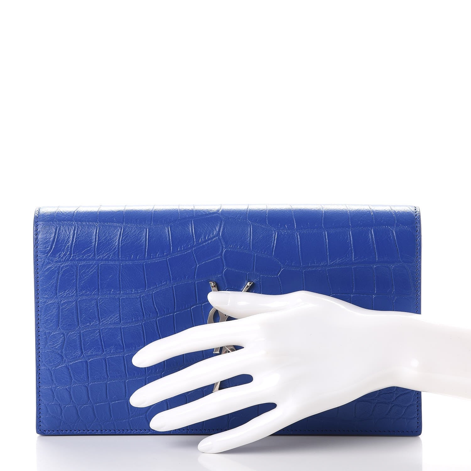 Saint Laurent Calfskin Crocodile Embossed Classic Kate Monogram Clutch Royal Blue 2 of 8