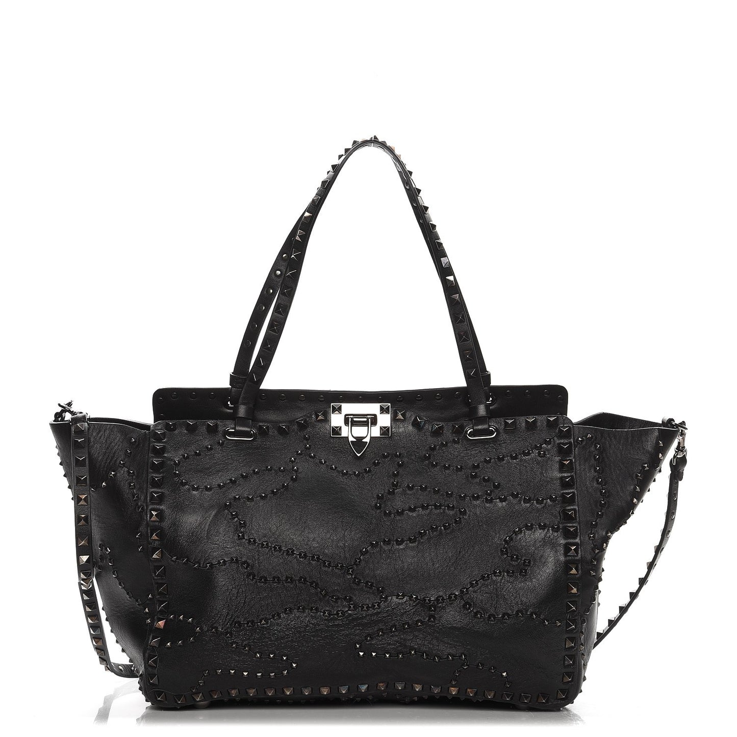 Vitello Studded Medium Rockstud Tote Black