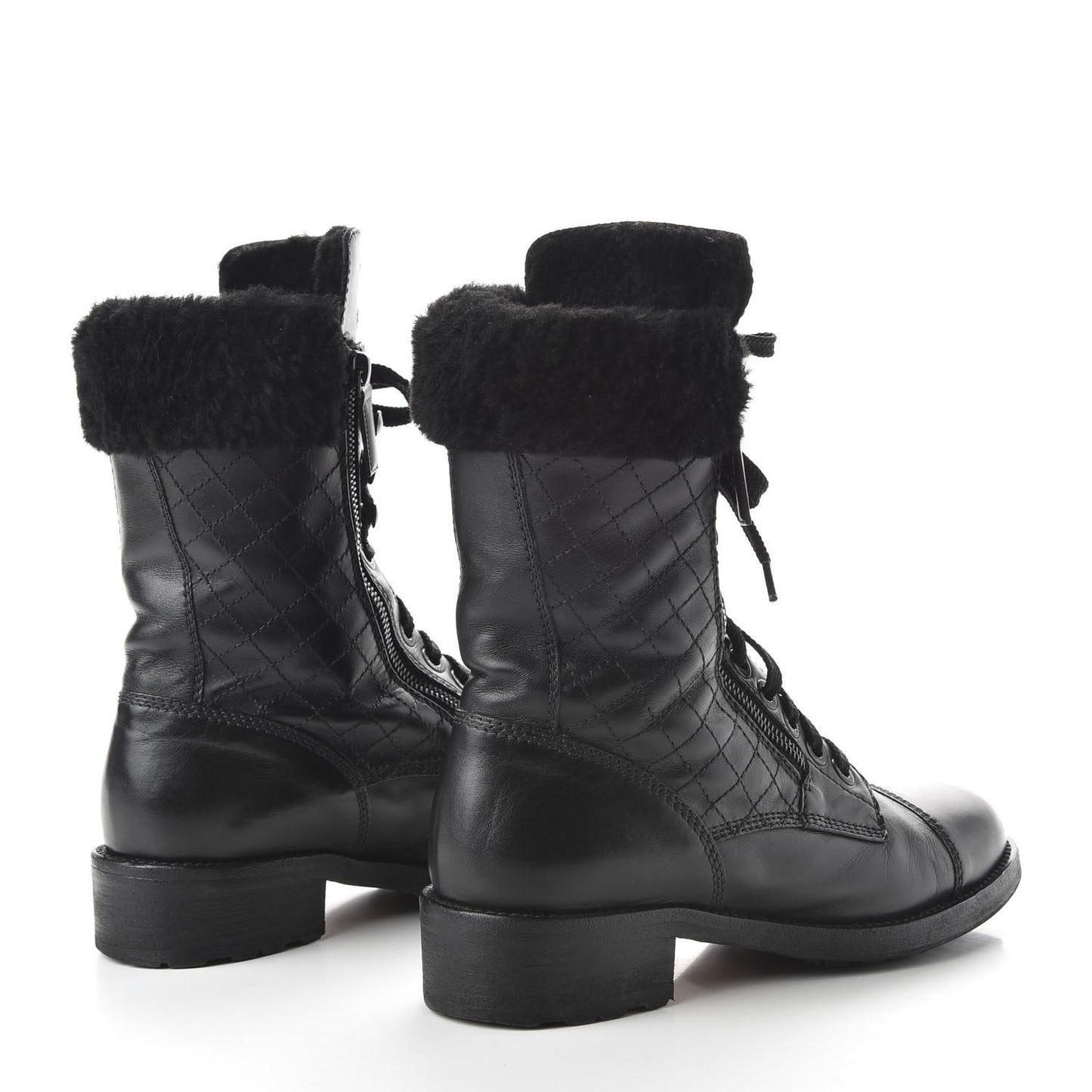 Calfskin Shearling Quilted Cap Toe Combat Boots 39.5 Black