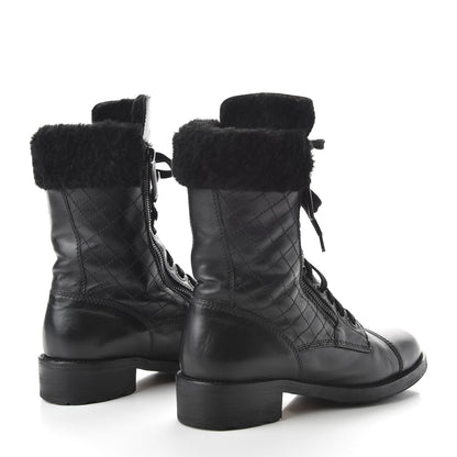 Chanel Calfskin Shearling Quilted Cap Toe Combat Boots 39.5 Black 4 of 8
