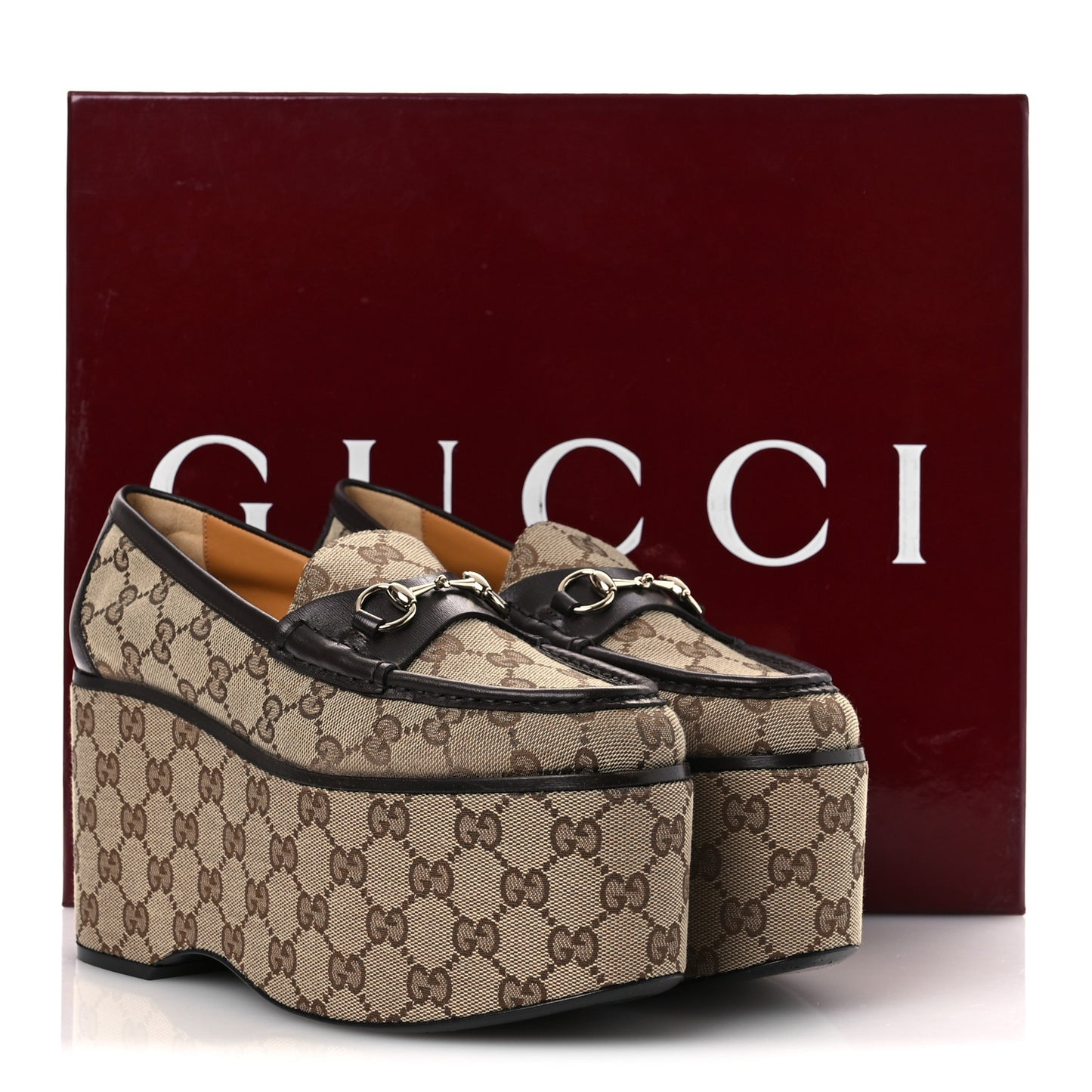 Canvas GG Monogram Horsebit Calfskin Womens Horsebit Platform Loafers 38.5 Beige Ebony