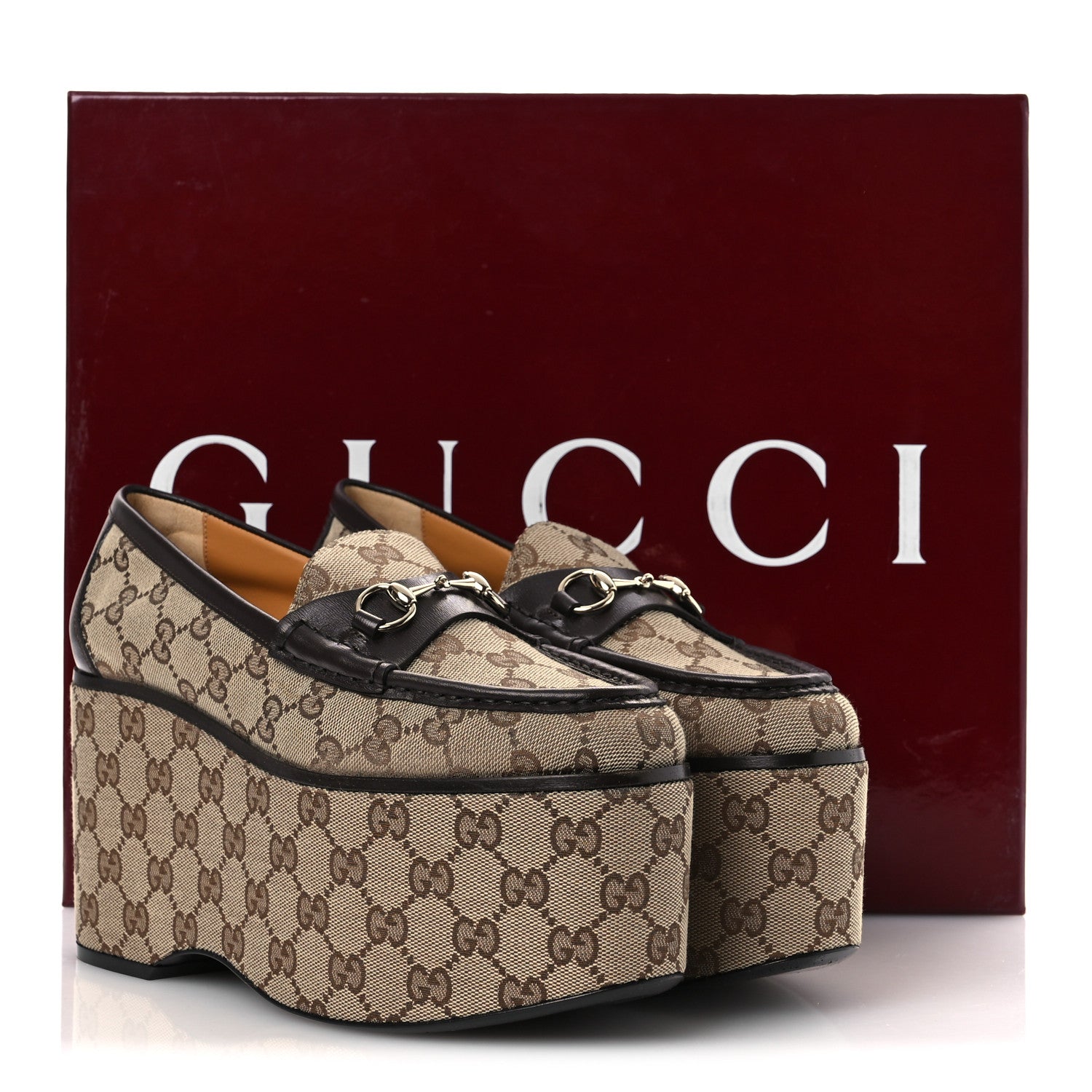 Gucci Canvas GG Monogram Horsebit Calfskin Womens Horsebit Platform Loafers 38.5 Beige Ebony 13 of 13