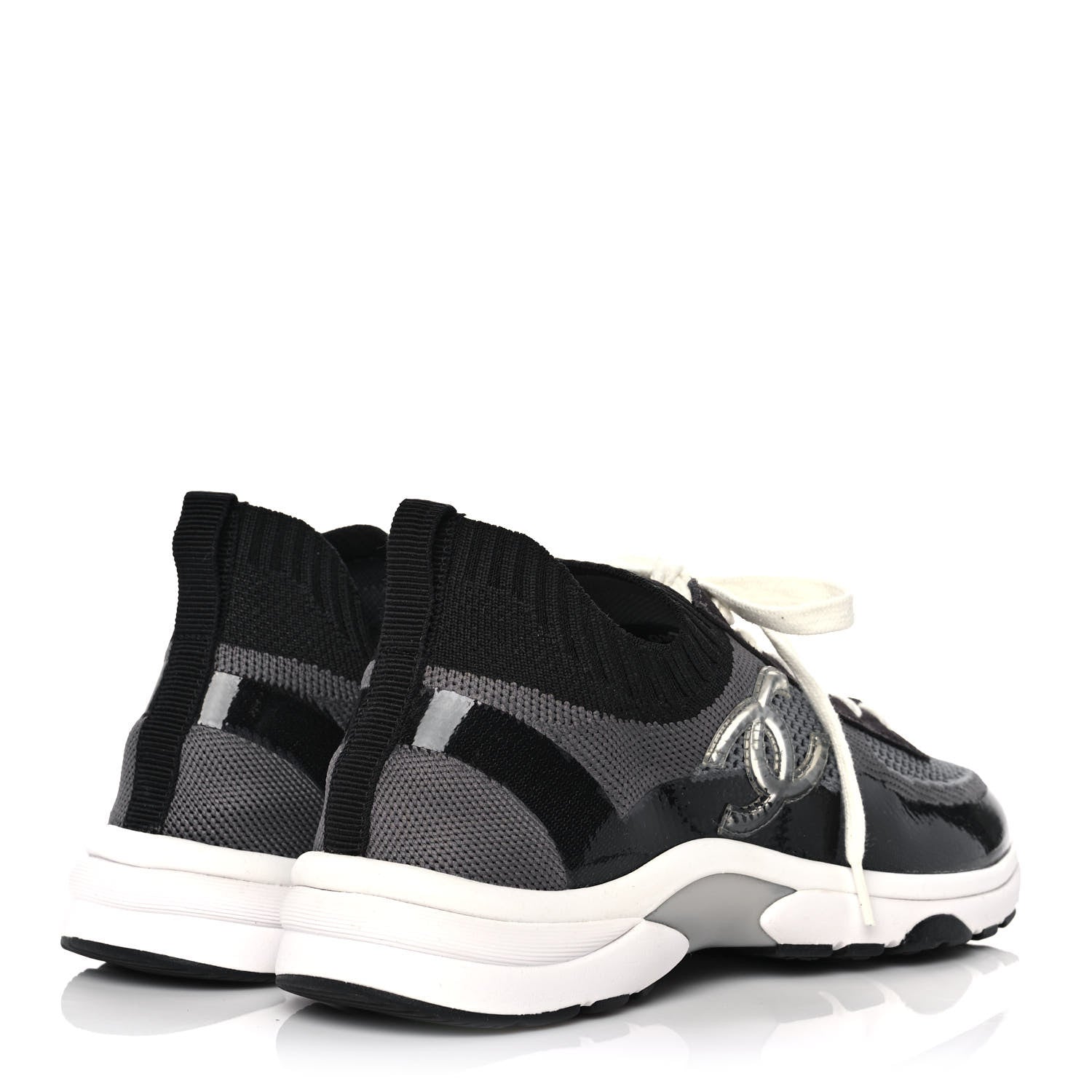 Chanel Fabric Suede Calfskin Stretch CC Sneakers 38 Black Grey 4 of 9