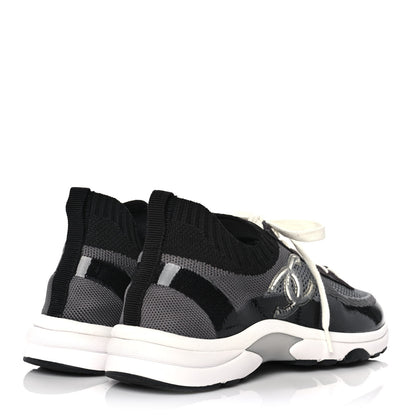 Chanel Fabric Suede Calfskin Stretch CC Sneakers 38 Black Grey 4 of 9