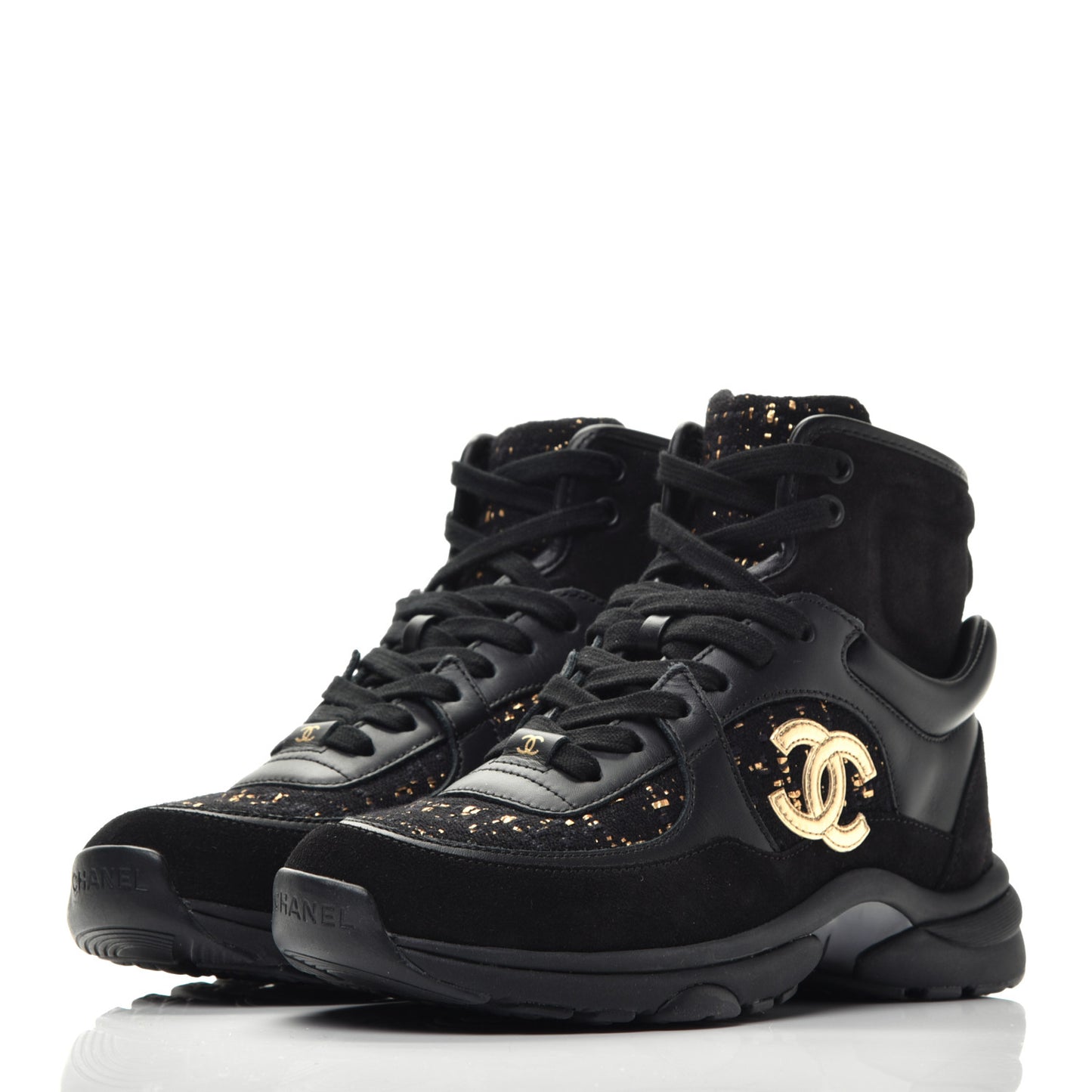 Velour Tweed CC High Top Sneakers 36 Black Gold