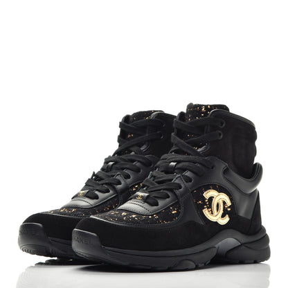 Chanel Velour Tweed CC High Top Sneakers 36 Black Gold 3 of 9