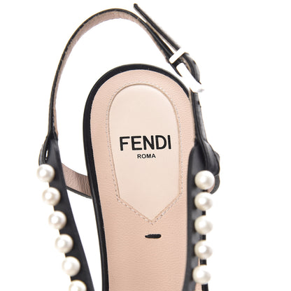 Fendi Calfskin Faux Pearl Embellished Bow Ankle Strap Heel 36 Black 8 of 9