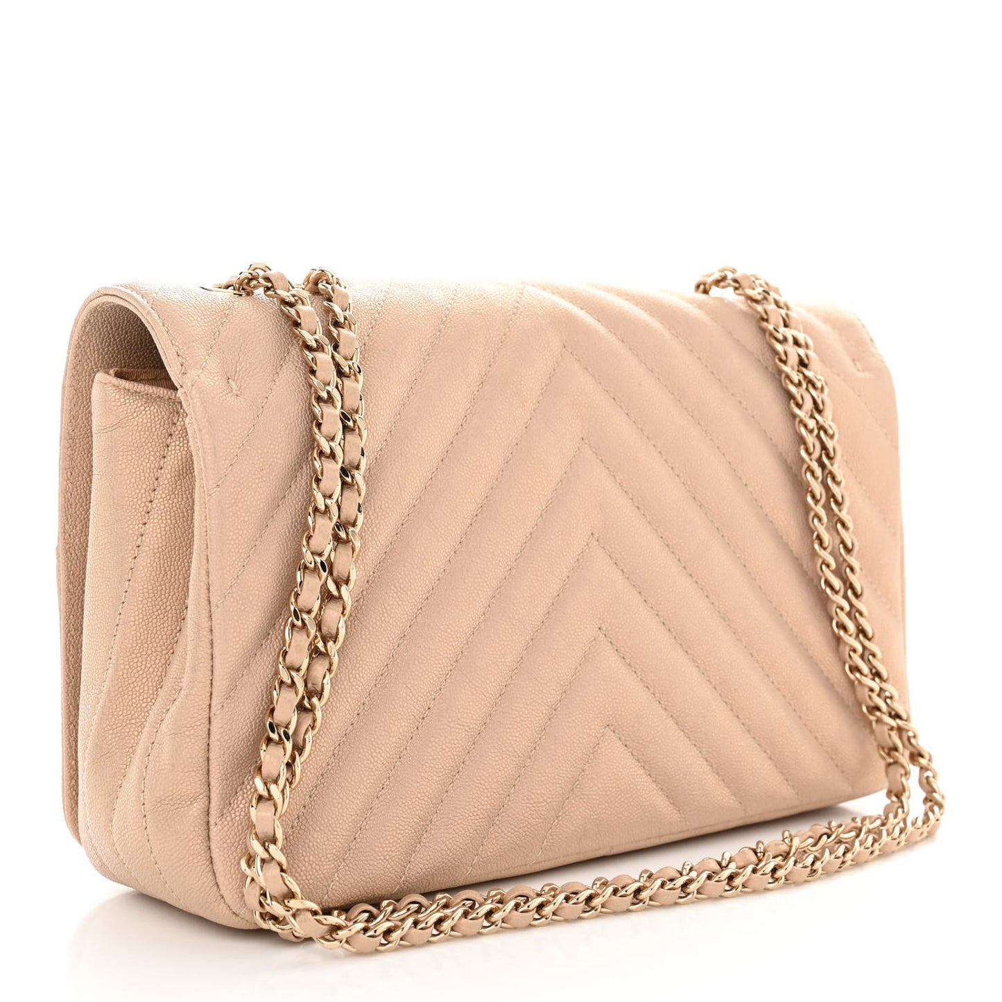 Metallic Caviar Chevron Quilted Medium Statement Flap Beige
