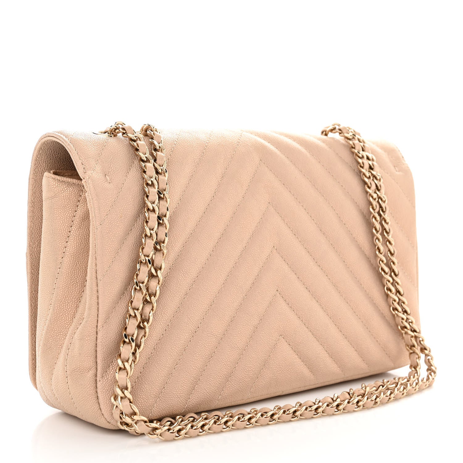 Chanel Metallic Caviar Chevron Quilted Medium Statement Flap Beige 4 of 13