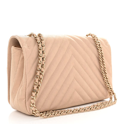 Chanel Metallic Caviar Chevron Quilted Medium Statement Flap Beige 4 of 13