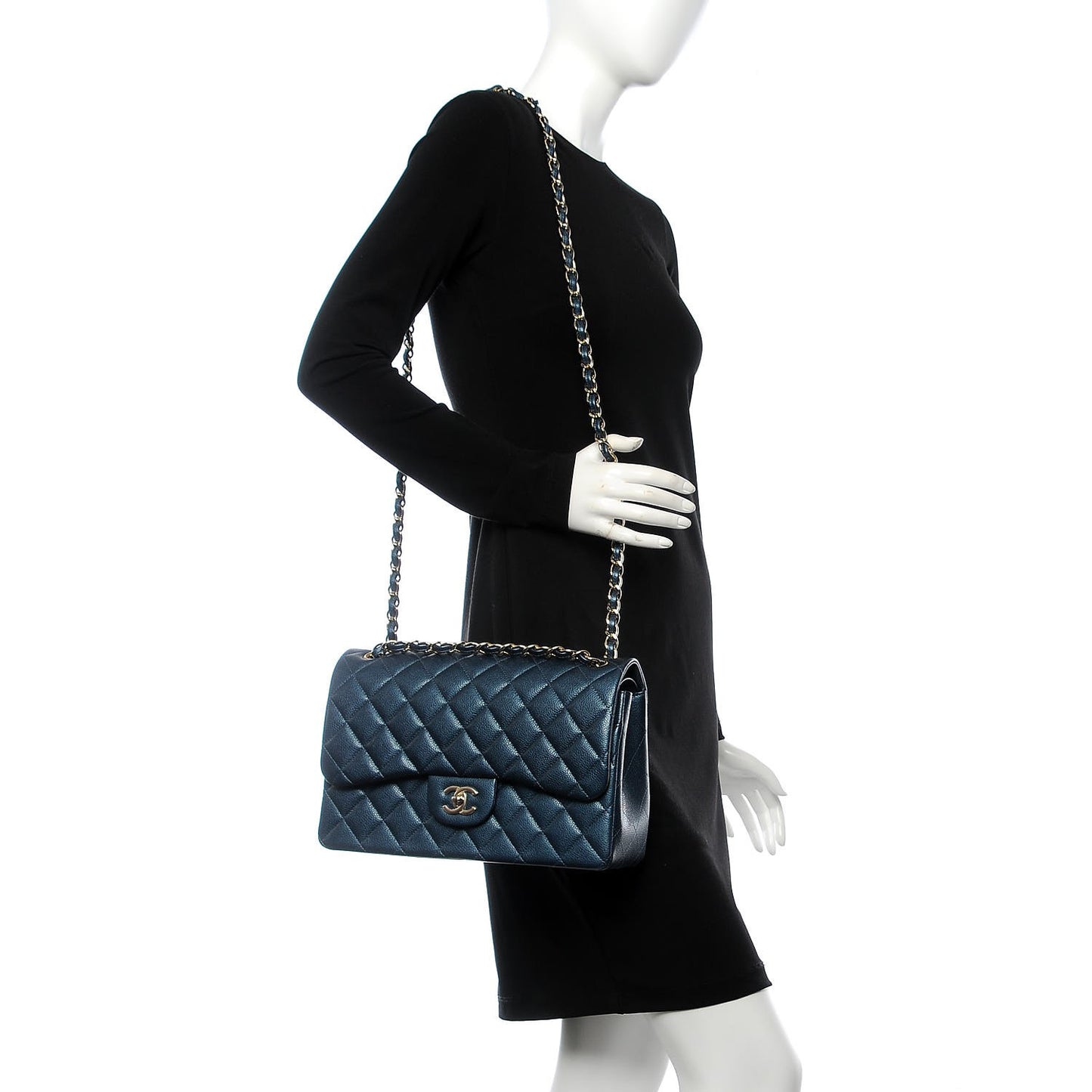 Metallic Caviar Quilted Jumbo Double Flap Dark Blue
