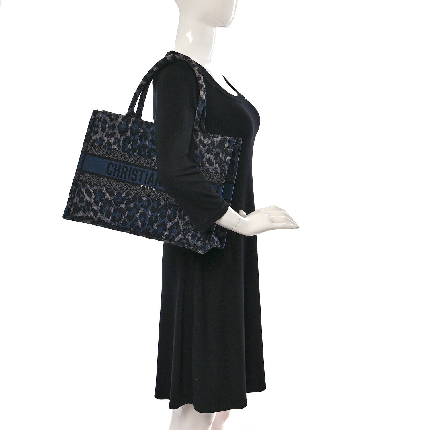 Christian Dior Canvas Mizza Embroidered Medium Leopard Book Tote Blue 2 of 10
