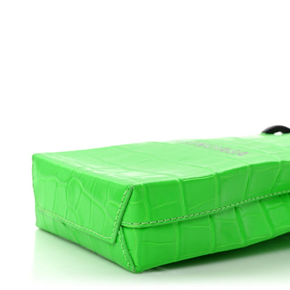 Balenciaga Shiny Calfskin Crocodile Embossed Logo Shopping Phone Holder Bag Fluo Green Black 8 of 8