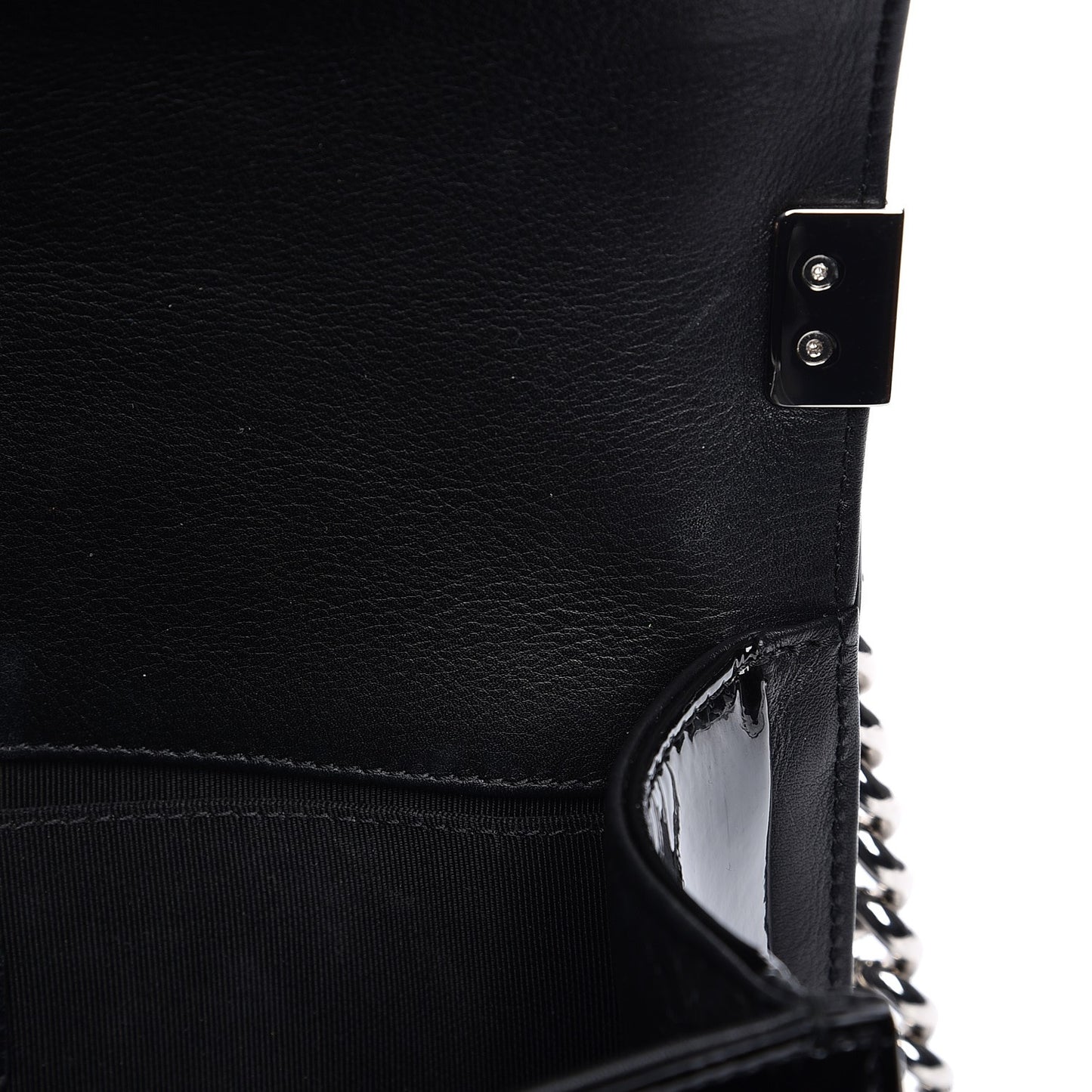 Patent Calfskin Quilted Medium Plexiglass Boy Flap Black
